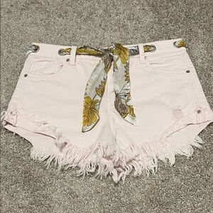 Pale Pink Distressed Denim Shorts